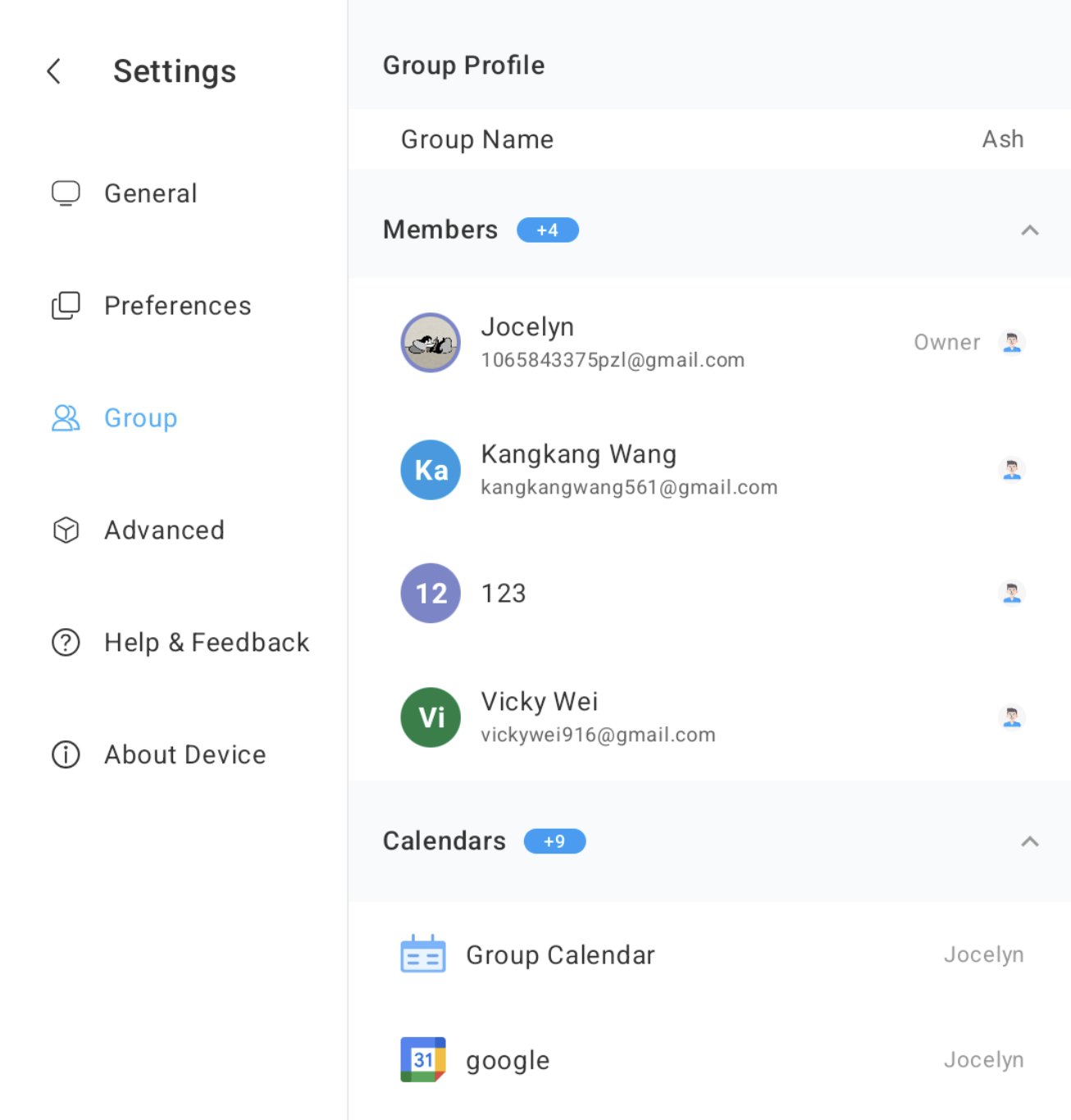 Group settings screen in Apolosign Calendar app