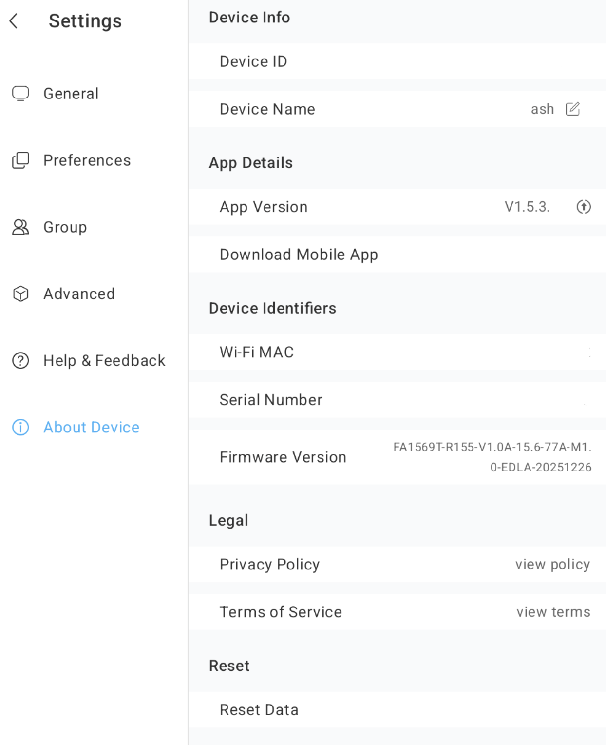 About Device settings screen in Apolosign Calendar app